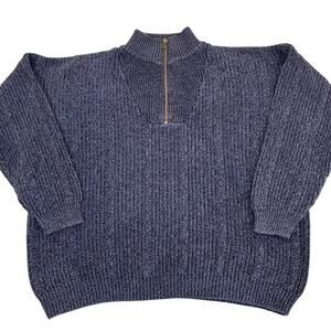 Club Room Mens Sz L Vtg 90s Chunky Knit Navy Marled 1/4 Zip Mock Neck Sweater